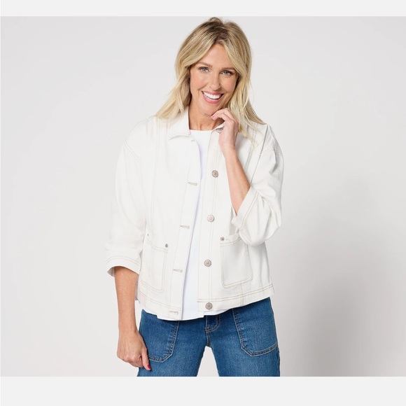 LOGO Lori Goldstein 3/4 Sleeve Denim Jacket Patch Pockets-White-Plus 26-A652870 - Picture 1 of 2